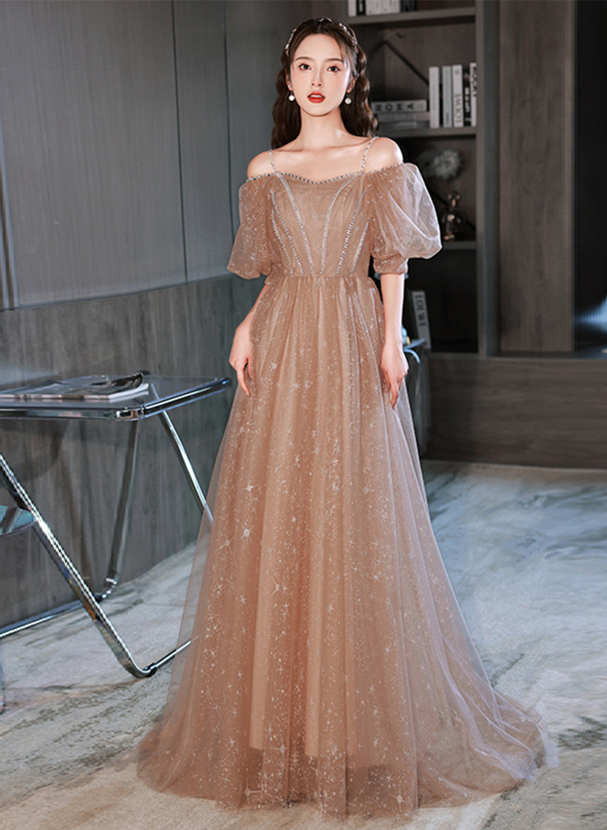 A-line Champagne Tulle Off Shoulder Long Party Dress, Champagne Formal Dress Prom Dress