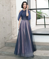 Blue Halter A-line Tulle Sequin Long Prom Dress, Blue Tulle Evening Dress Party Dress