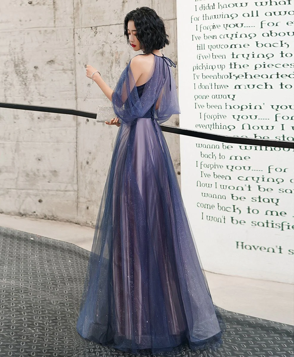Blue Halter A-line Tulle Sequin Long Prom Dress, Blue Tulle Evening Dress Party Dress