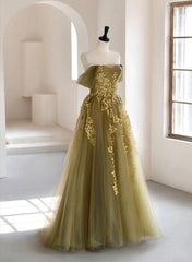 A-line Tulle with Lace Off Shoulder Prom Dress, Long Tulle Evening Dress