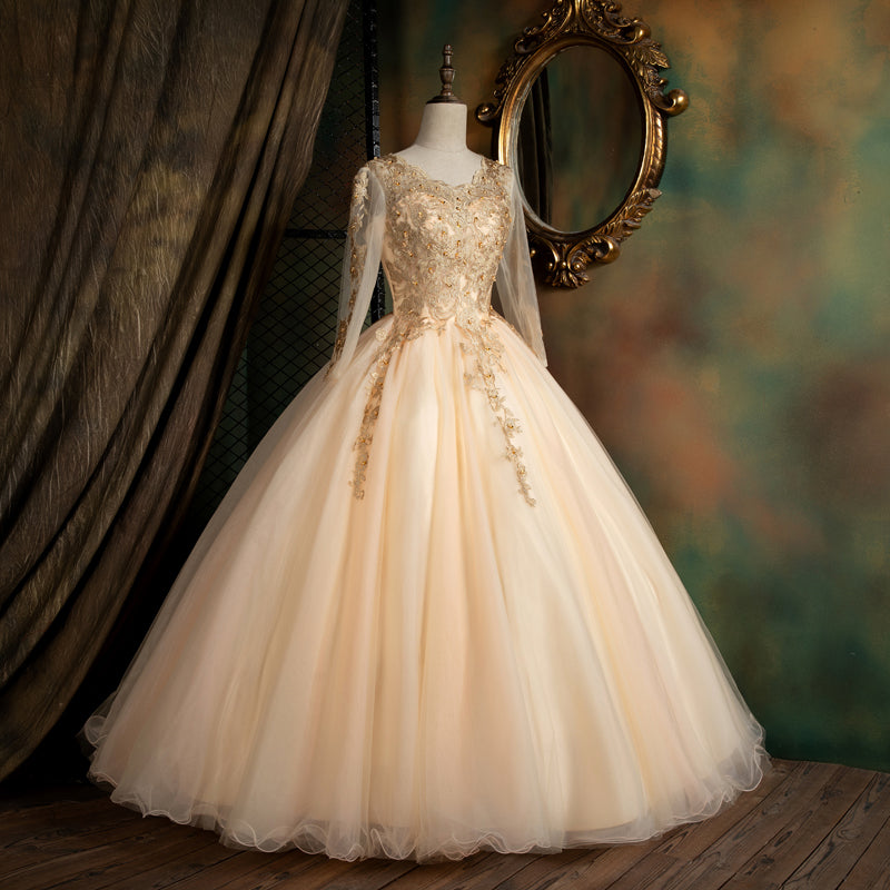 Beautiful Pearl Pink Long Sleeves Formal Dress with Lace Applique, Pink Formal Gown