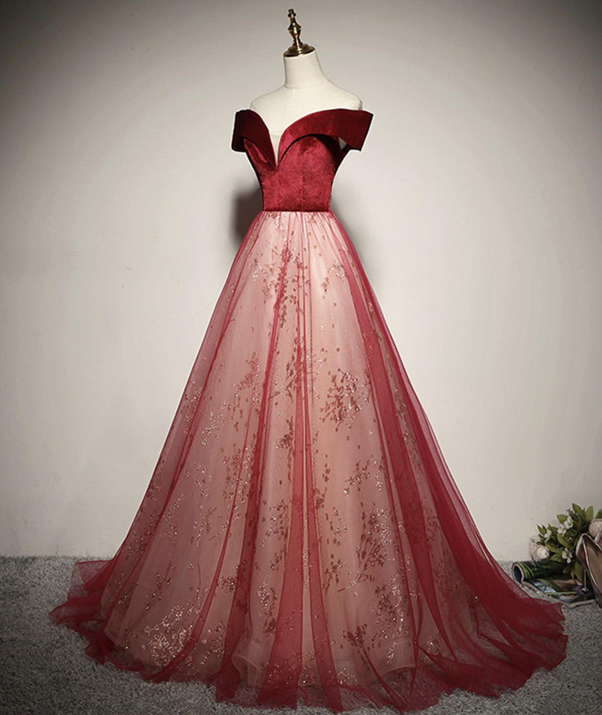 A-line Red Tulle and Velvet Off Shoulder Long Prom Dress, Red Evening Dress