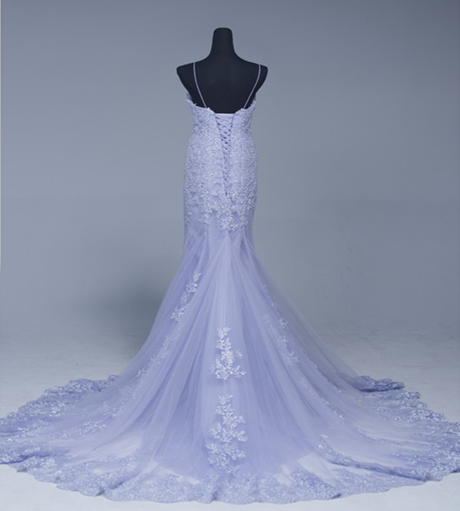 Beautiful Lavener Tulle with Lace Sheath Spaghetti Straps Evening Dresses, Long Prom Dresses