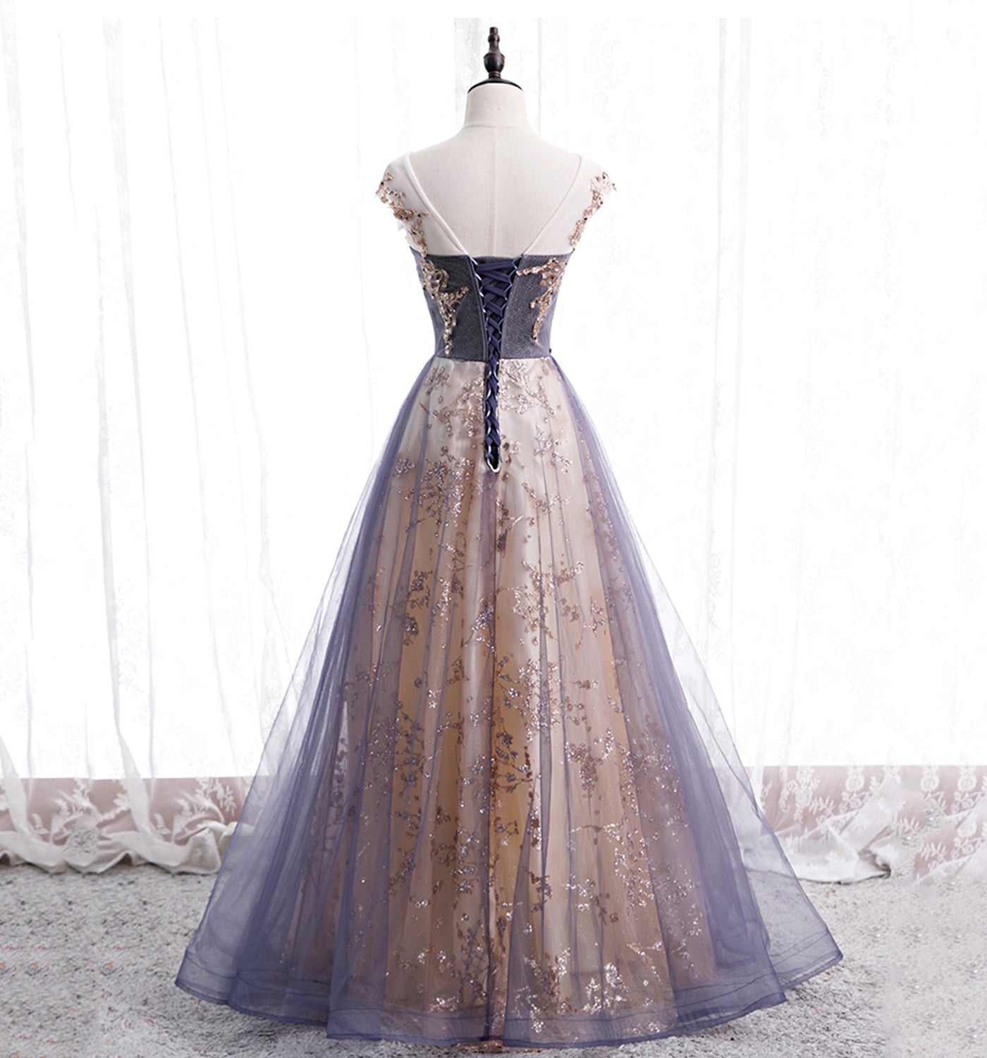 Beautiful A-line Tulle with Lace Applique Party Dress, Tulle Long Prom Dress