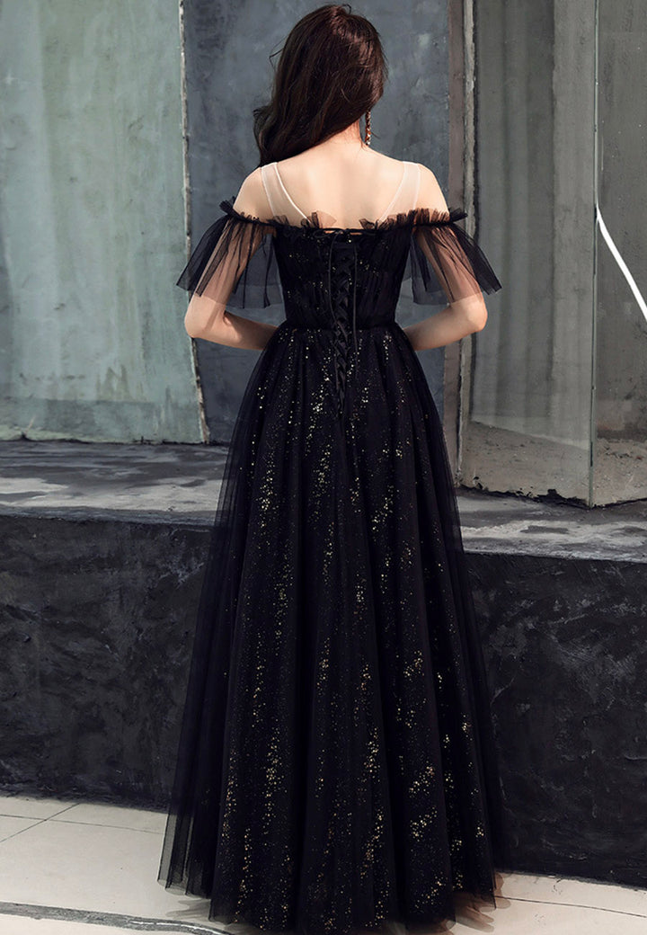 Black Off Shoulder Tulle Party Dress, A-line Black Formal Dress Prom Dress