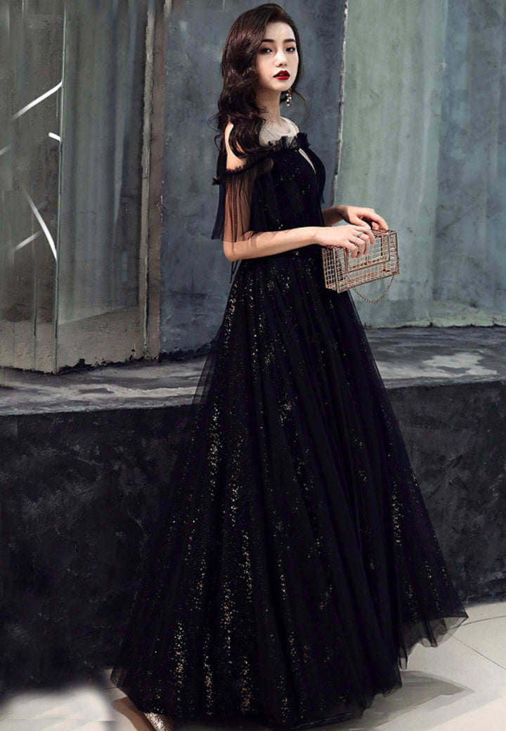 Black Off Shoulder Tulle Party Dress, A-line Black Formal Dress Prom Dress