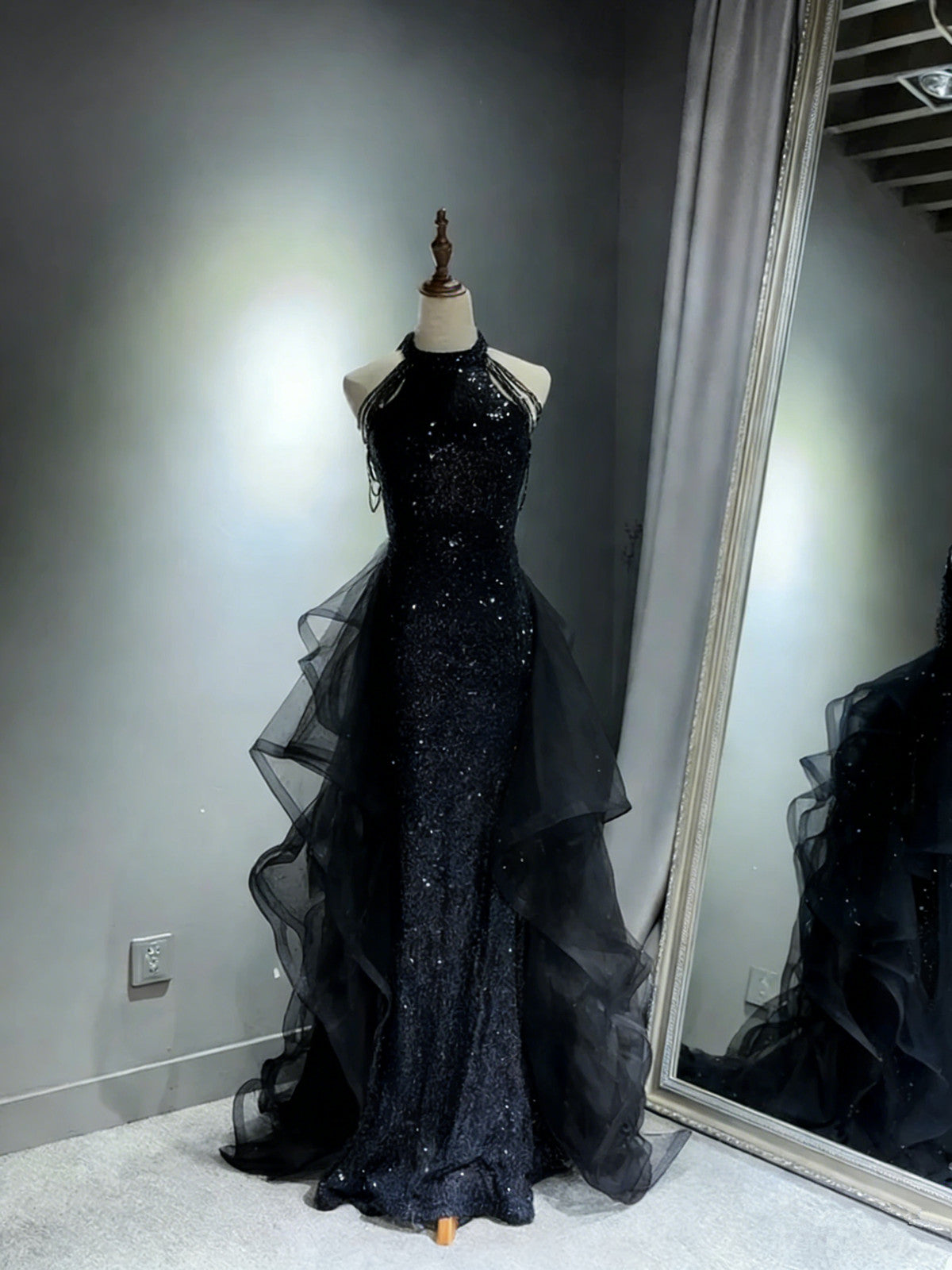 Black Sequins and Tulle Halter Long Prom Dress, Black Long Evening Dress Formal Dress